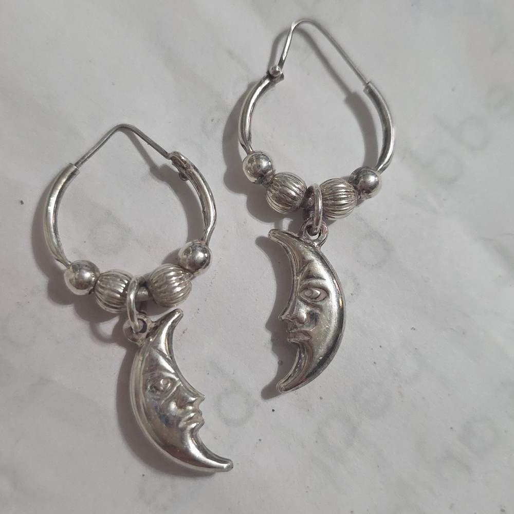 Vintage 925 Moon Hoop Earrings - Picture 1 of 7